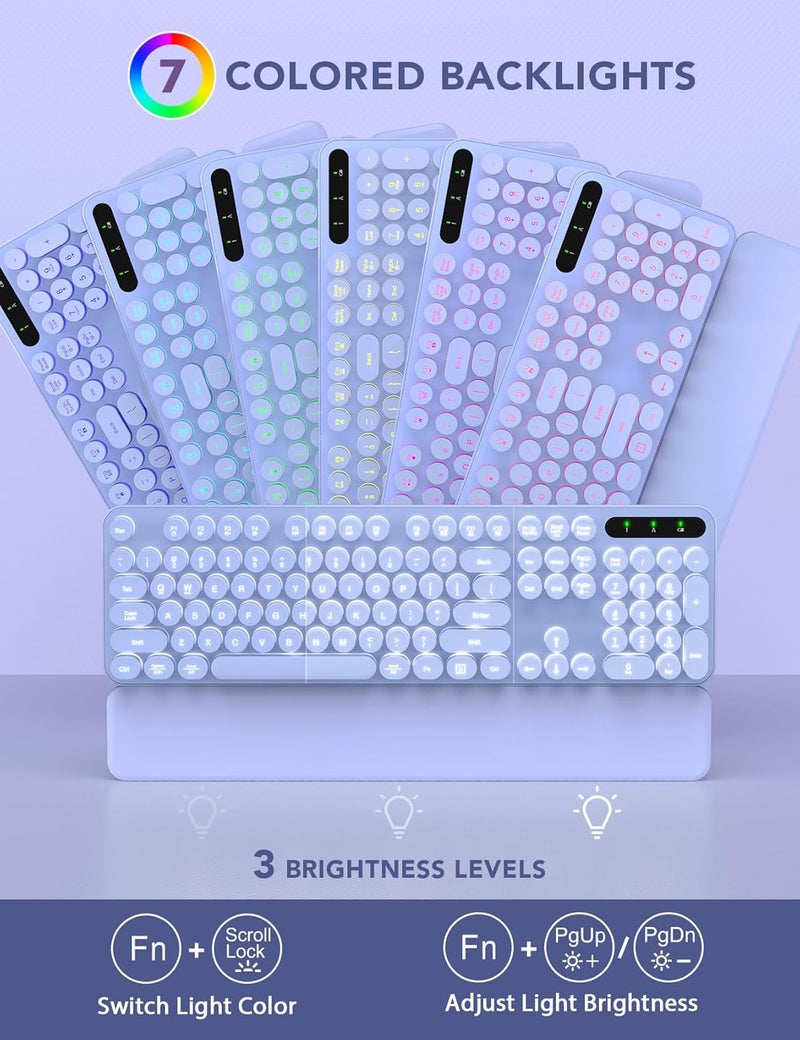 Trueque Wireless Keyboard and Mouse Backlit - Typewriter Keyboard with Retro Round Keycaps, Detachable Wrist Rest, Light Up Letters, 2.4G Rechargeable Combo for Mac, Windows, PC, Laptop, (Purple) - Image 2